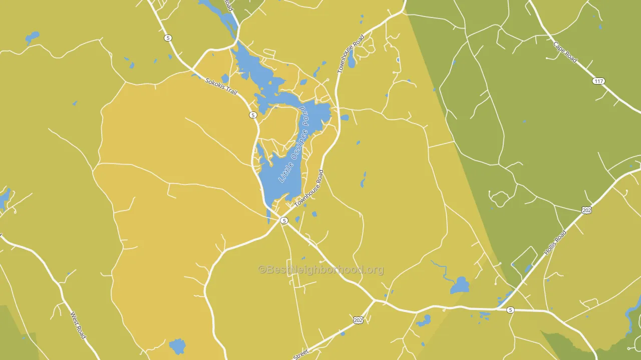 Map of the best neighborhoods in the East Waterboro area, with better matches in green and worse matches in red