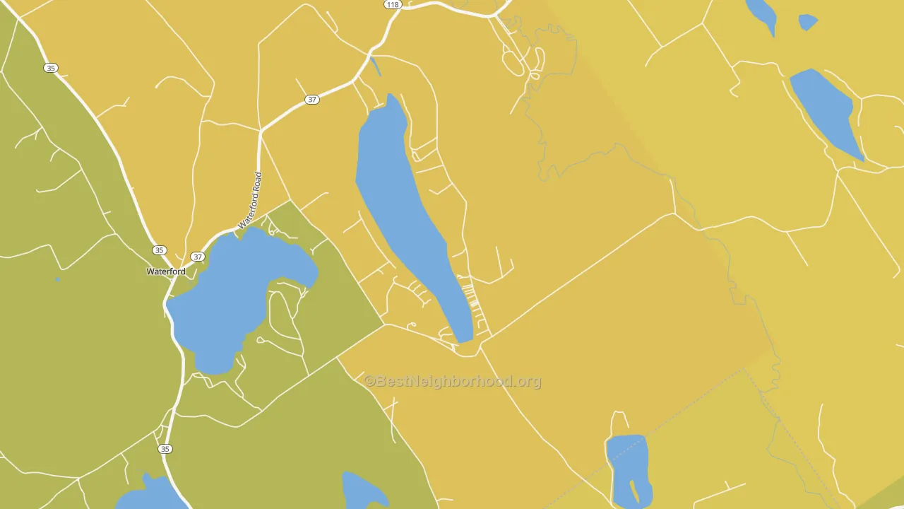 Map of the best neighborhoods in the East Waterford area, with better matches in green and worse matches in red