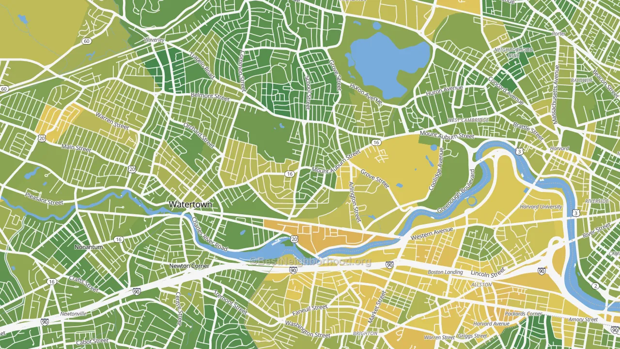 Map of the best neighborhoods in the East Watertown, Watertown Town area, with better matches in green and worse matches in red