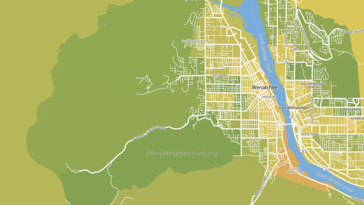 Map of the best neighborhoods in the East Wenatchee Bench area, with better matches in green and worse matches in red