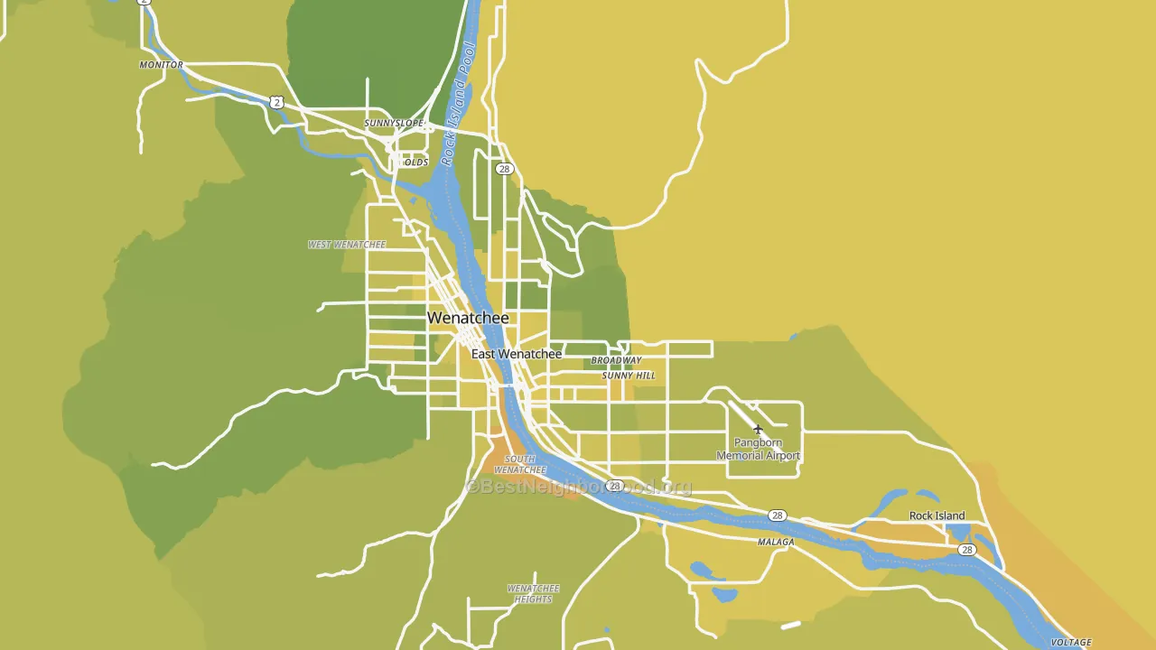 Map of the best neighborhoods in the East Wenatchee area, with better matches in green and worse matches in red