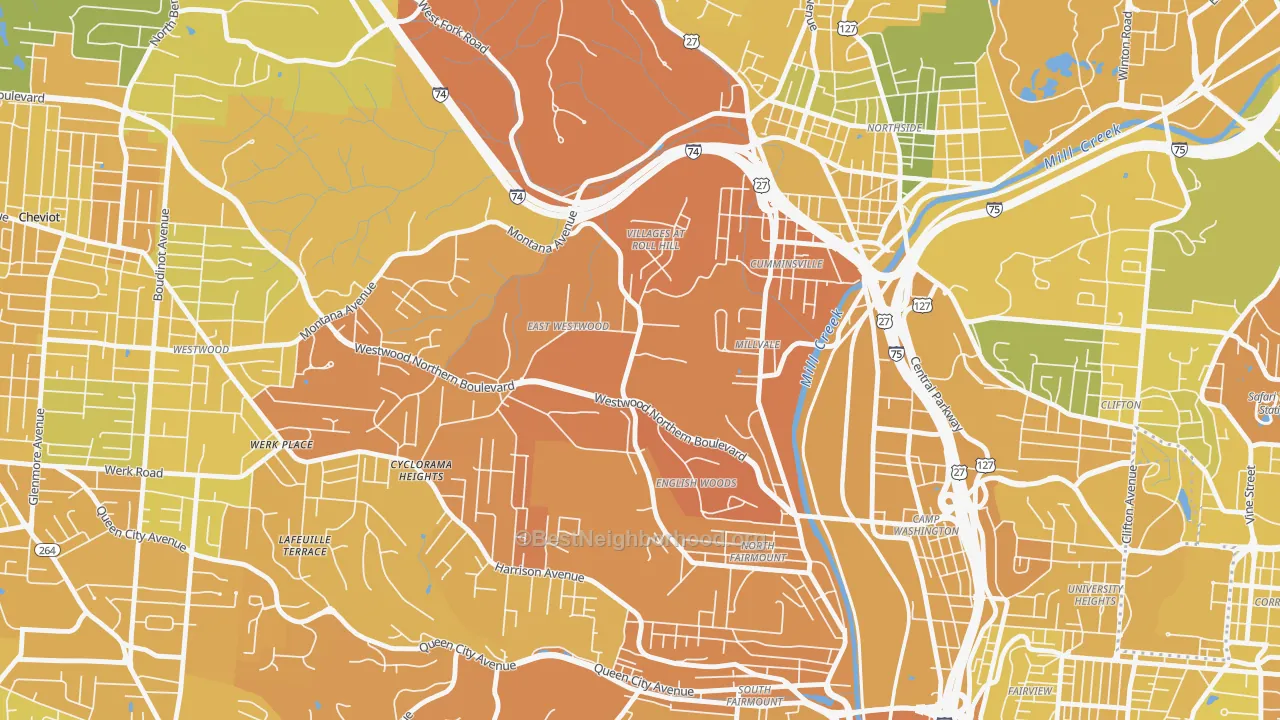 Map of the best neighborhoods in the East Westwood, Cincinnati area, with better matches in green and worse matches in red