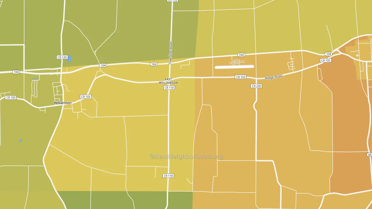 Map of the best neighborhoods in the East Williamson area, with better matches in green and worse matches in red