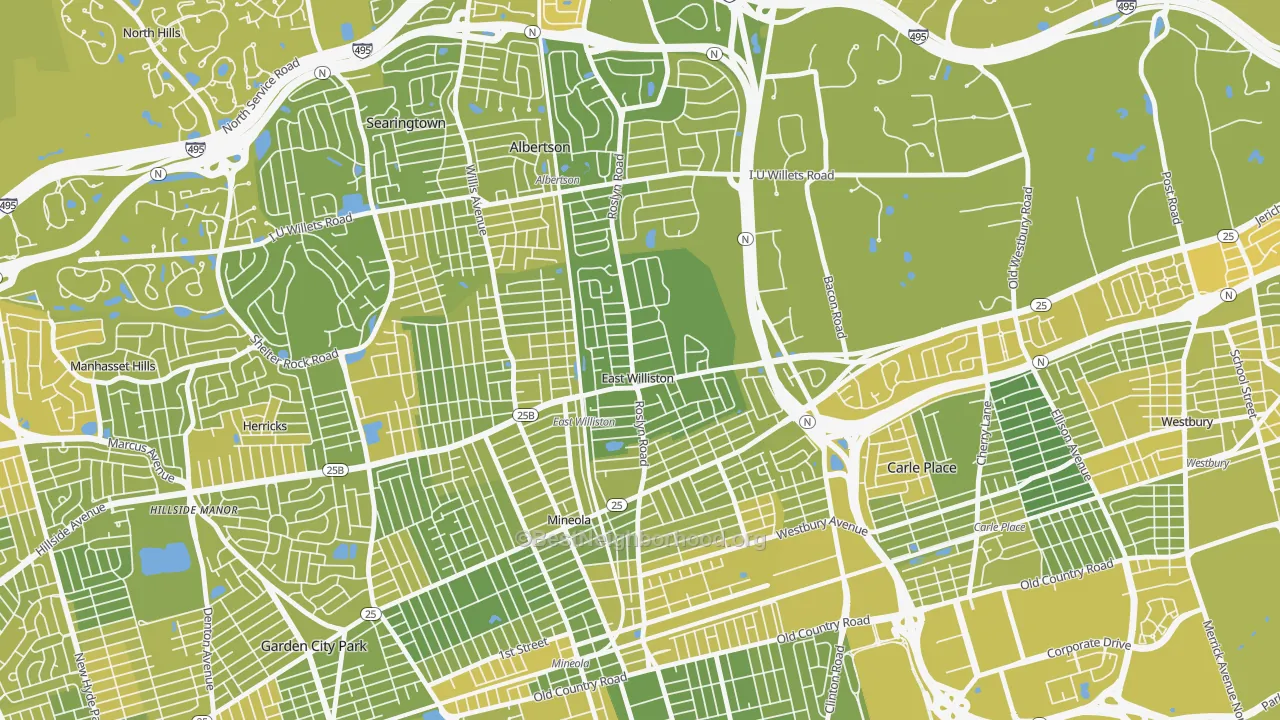 Map of the best neighborhoods in the East Williston area, with better matches in green and worse matches in red