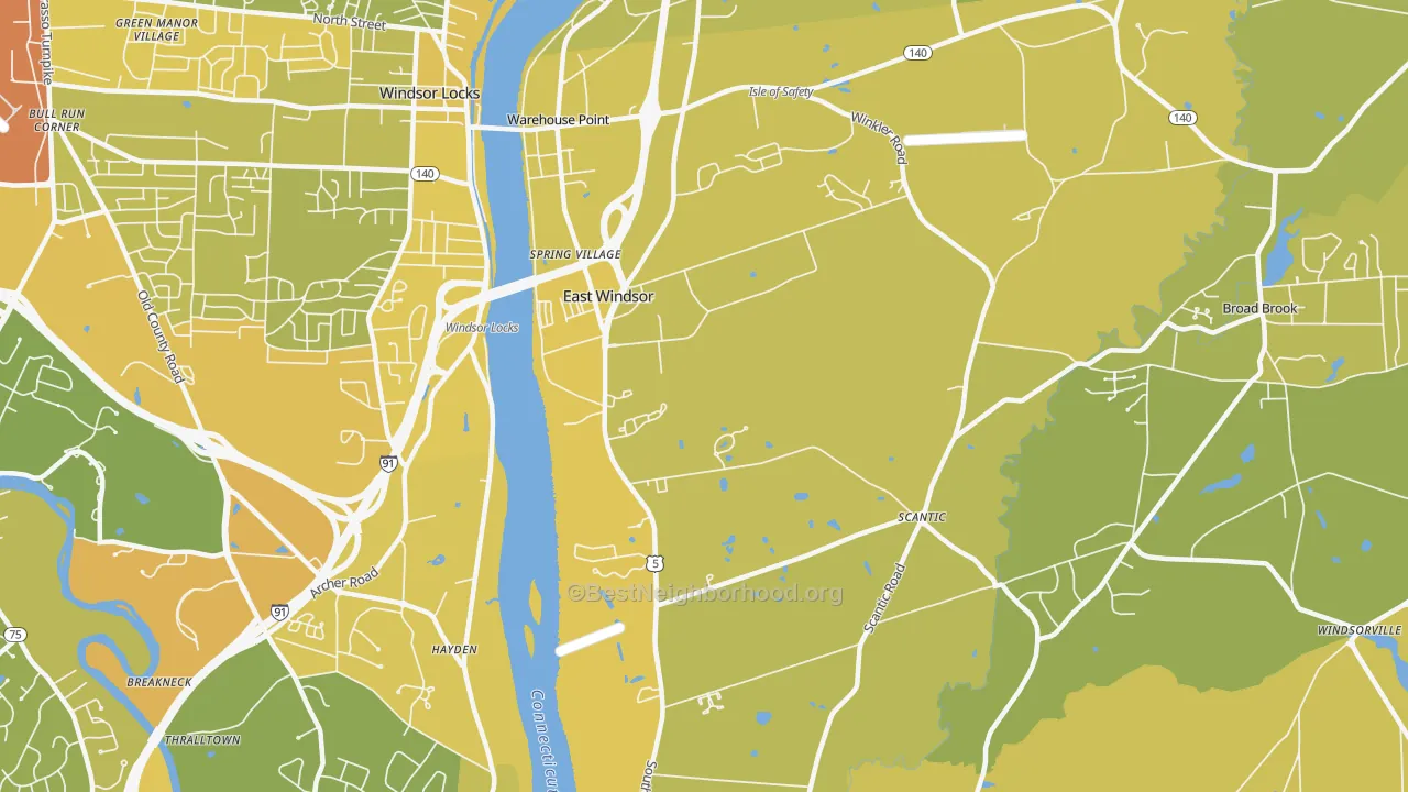 Map of the best neighborhoods in the East Windsor area, with better matches in green and worse matches in red