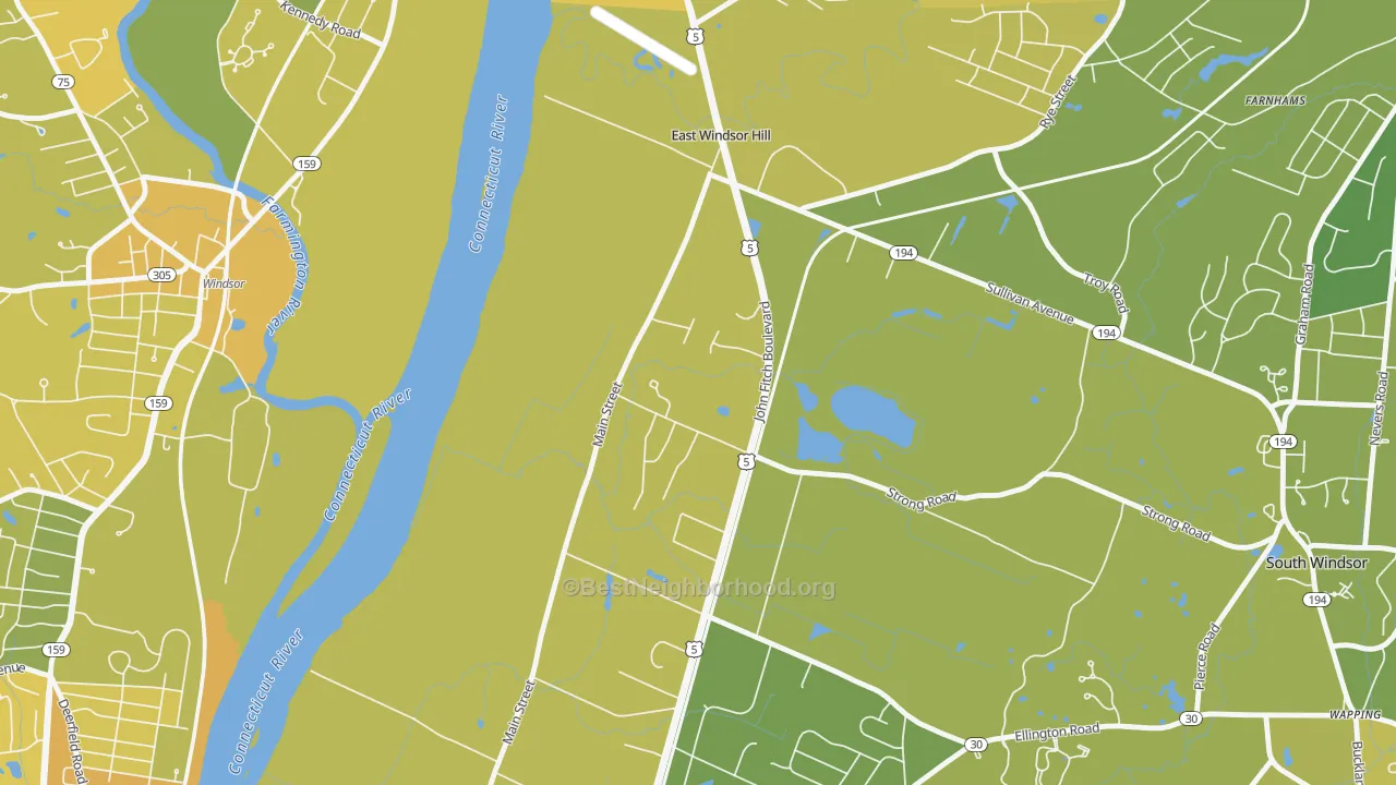 Map of the best neighborhoods in the East Windsor Hill area, with better matches in green and worse matches in red