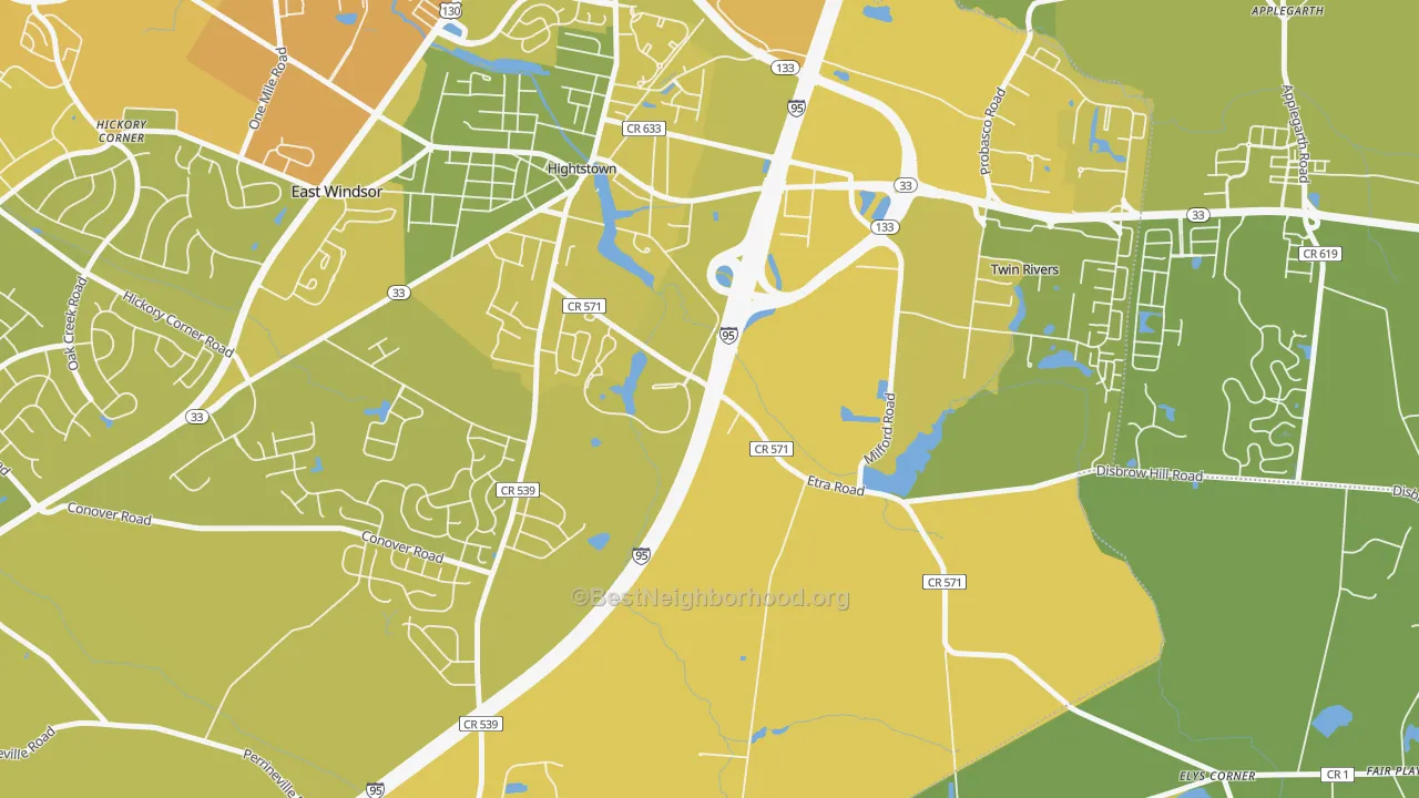 Map of the best neighborhoods in the East Windsor area, with better matches in green and worse matches in red