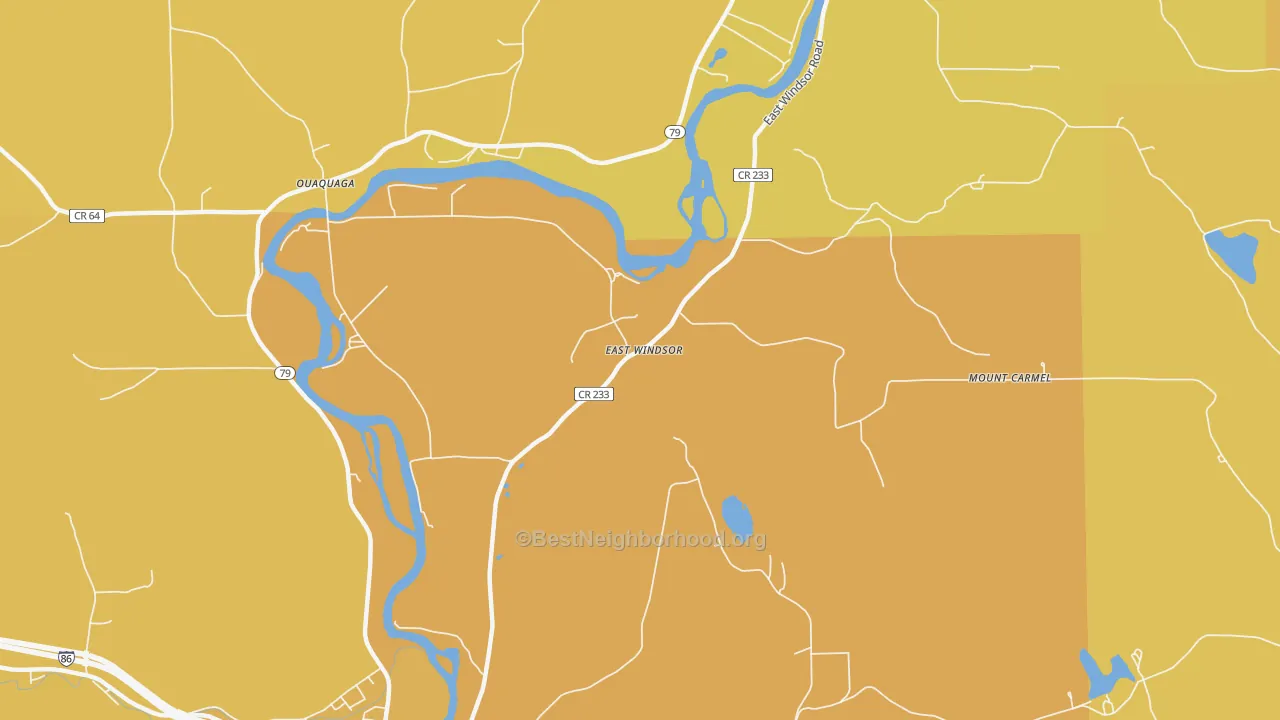 Map of the best neighborhoods in the East Windsor area, with better matches in green and worse matches in red