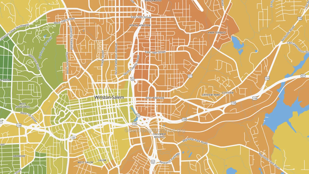 Map of the best neighborhoods in the East Winston, Winston-Salem area, with better matches in green and worse matches in red