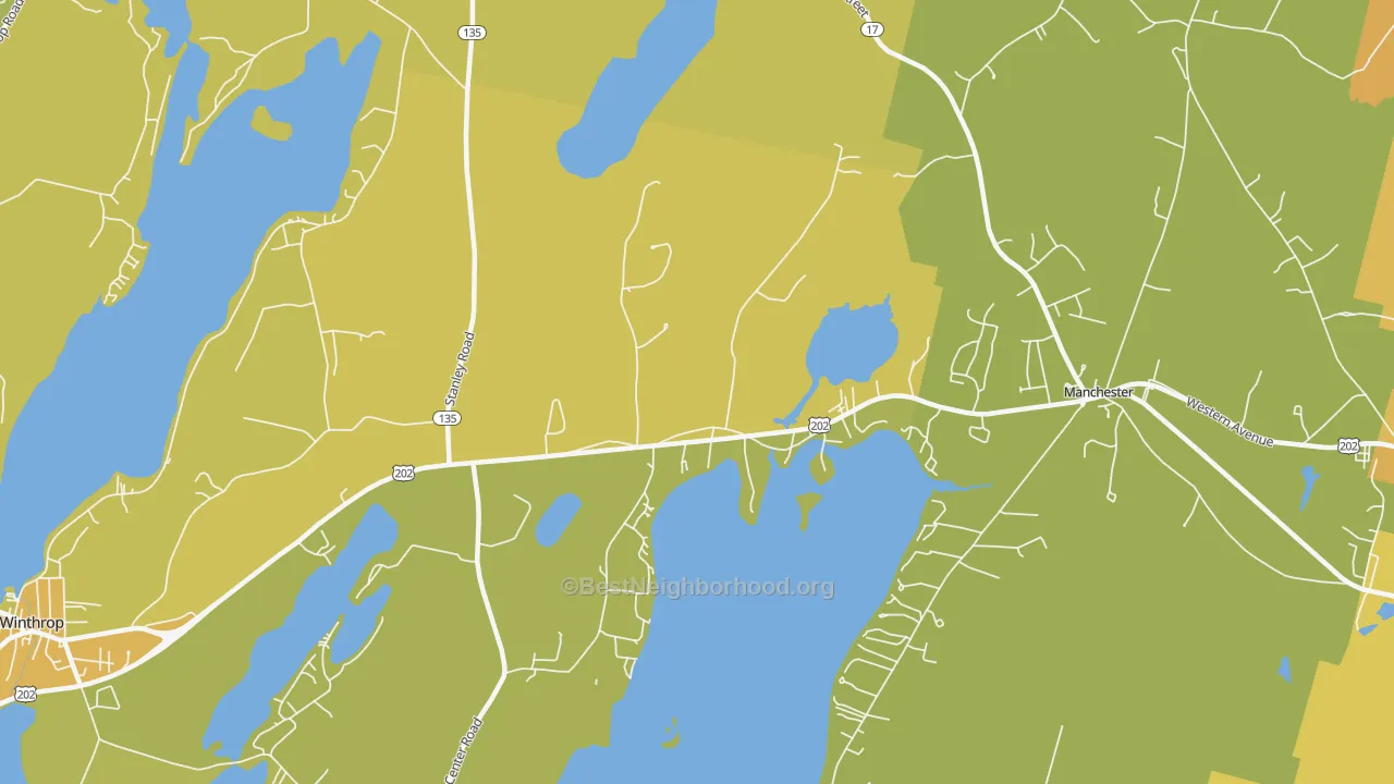 Map of the best neighborhoods in the East Winthrop area, with better matches in green and worse matches in red