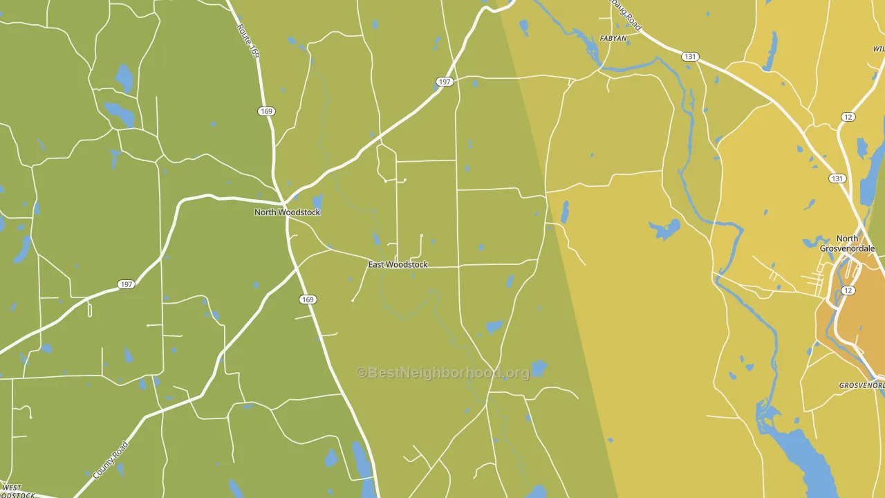 Map of the best neighborhoods in the East Woodstock area, with better matches in green and worse matches in red