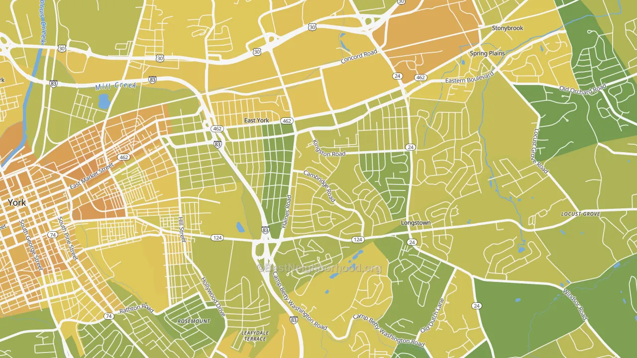 Map of the best neighborhoods in the East York area, with better matches in green and worse matches in red