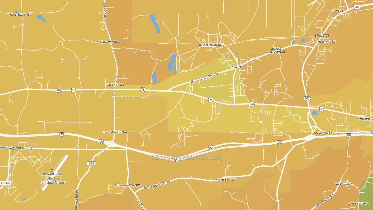 Map of the best neighborhoods in the Eastaboga area, with better matches in green and worse matches in red