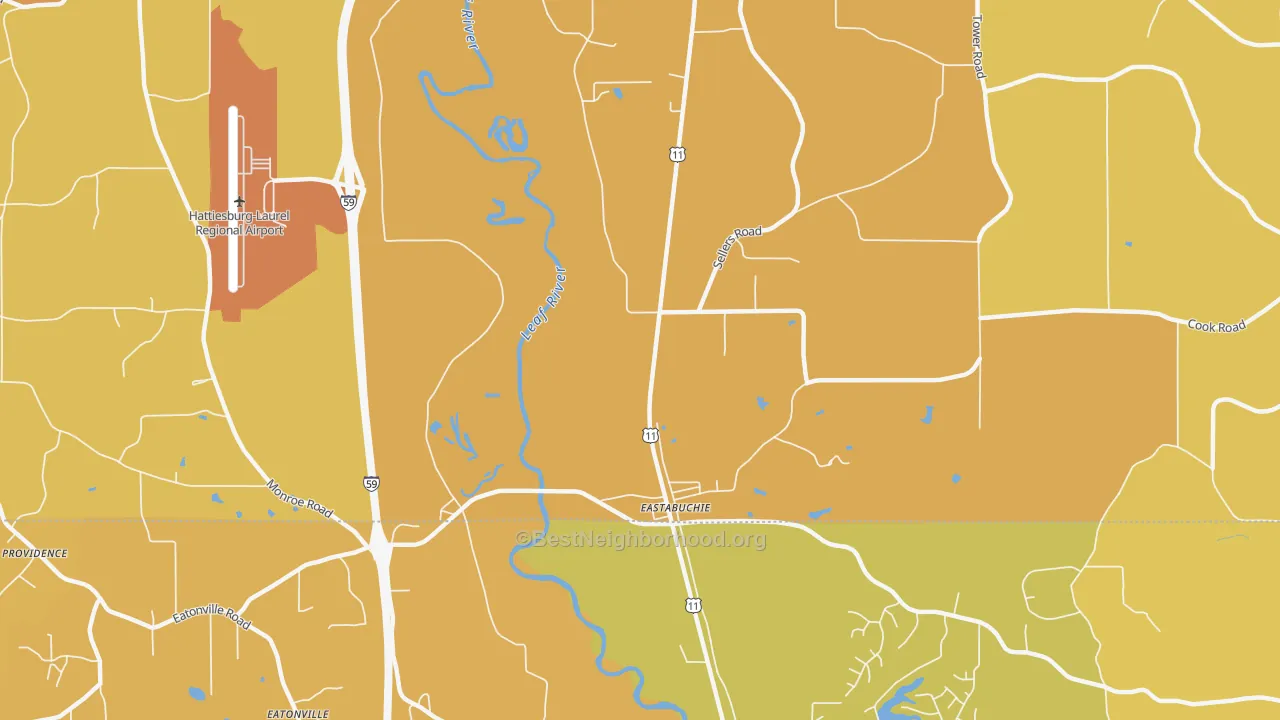 Map of the best neighborhoods in the Eastabuchie area, with better matches in green and worse matches in red