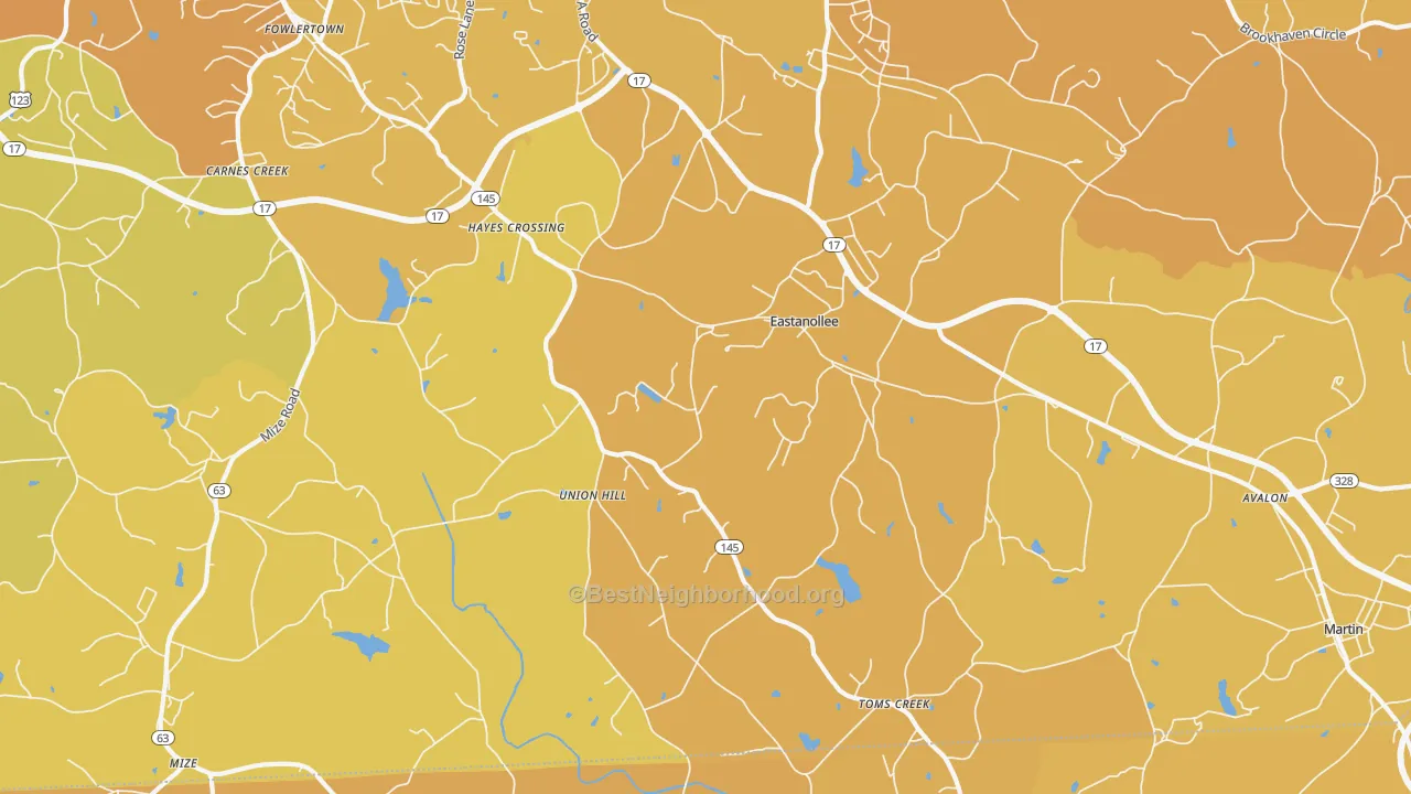 Map of the best neighborhoods in the Eastanollee area, with better matches in green and worse matches in red