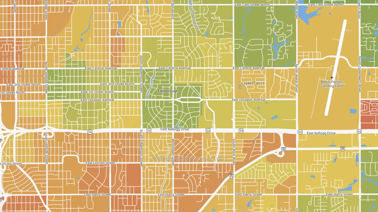 Map of the best neighborhoods in the Eastborough area, with better matches in green and worse matches in red