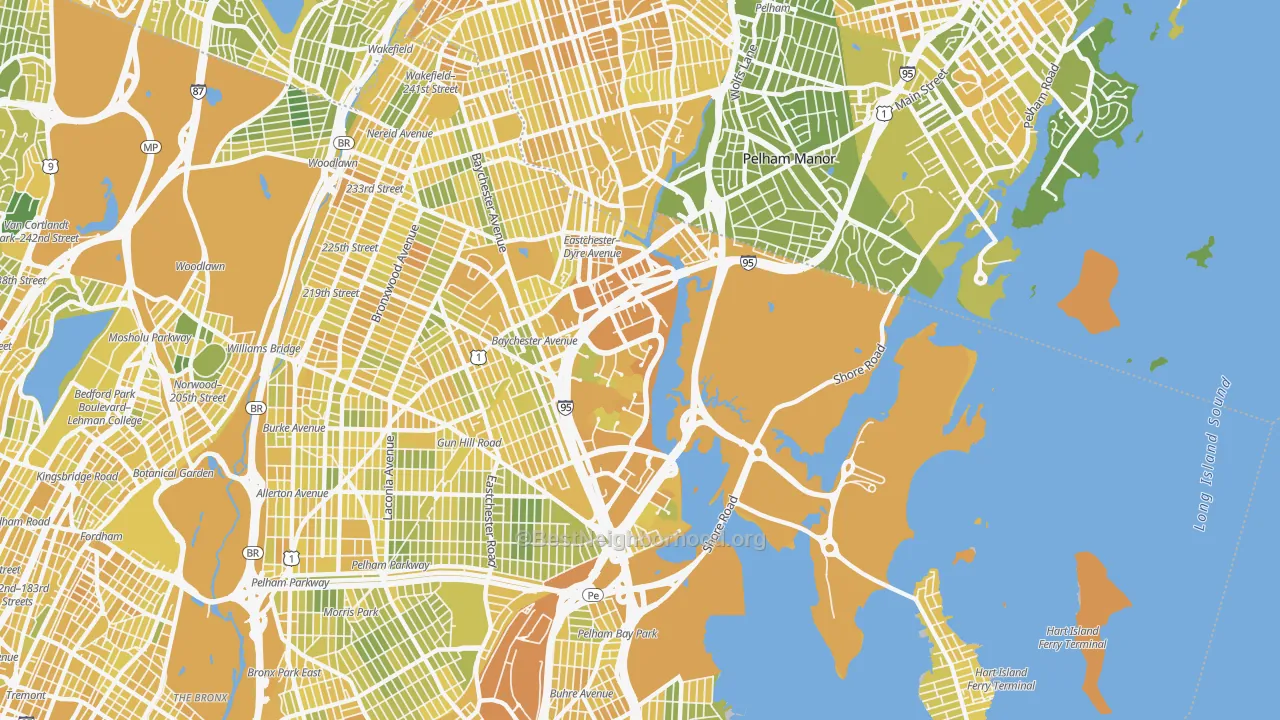 Map of the best neighborhoods in the Eastchester, Bronx area, with better matches in green and worse matches in red