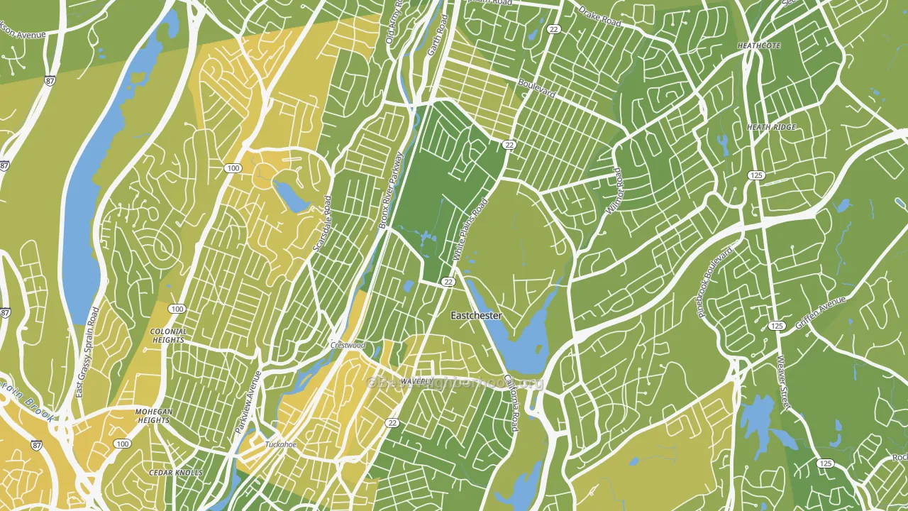 Map of the best neighborhoods in the Eastchester area, with better matches in green and worse matches in red