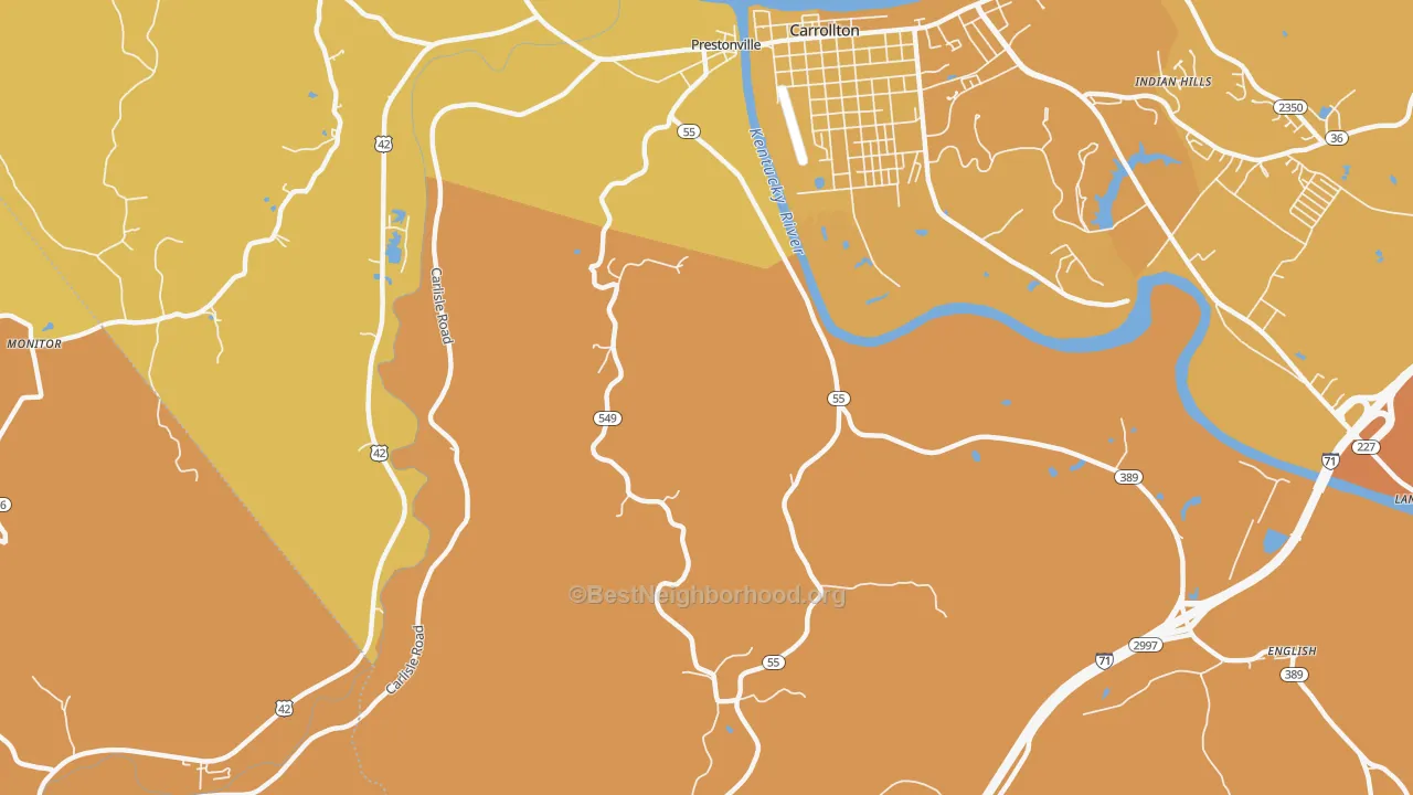 Map of the best neighborhoods in the Easterday area, with better matches in green and worse matches in red