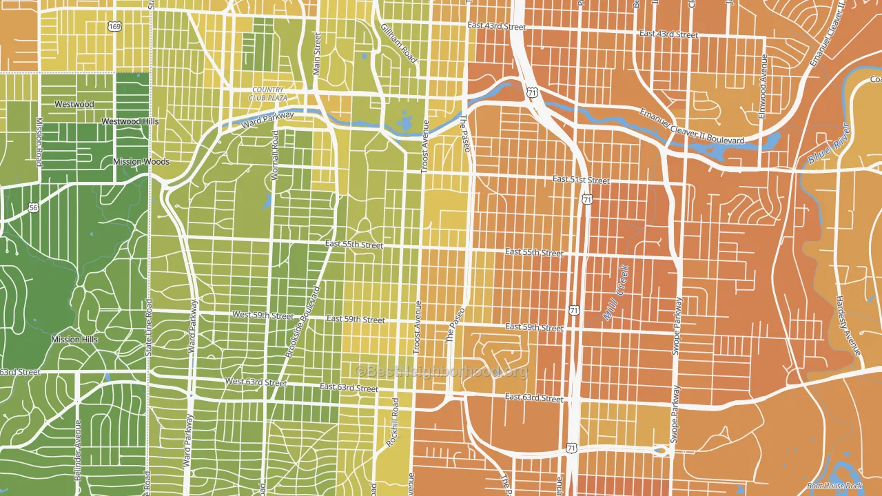 Map of the best neighborhoods in the Eastern 49-63, Kansas City area, with better matches in green and worse matches in red