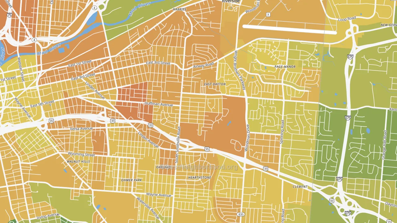 Map of the best neighborhoods in the Eastern Hills, Dayton area, with better matches in green and worse matches in red