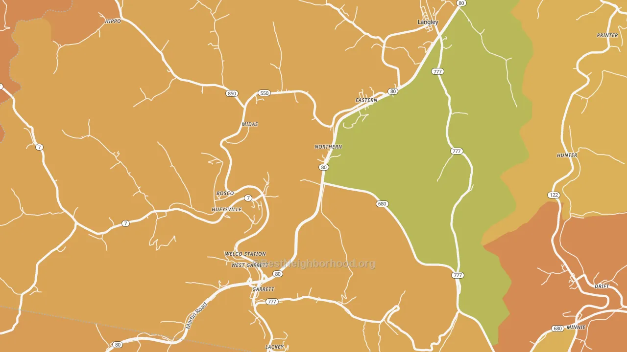 Map of the best neighborhoods in the Eastern area, with better matches in green and worse matches in red