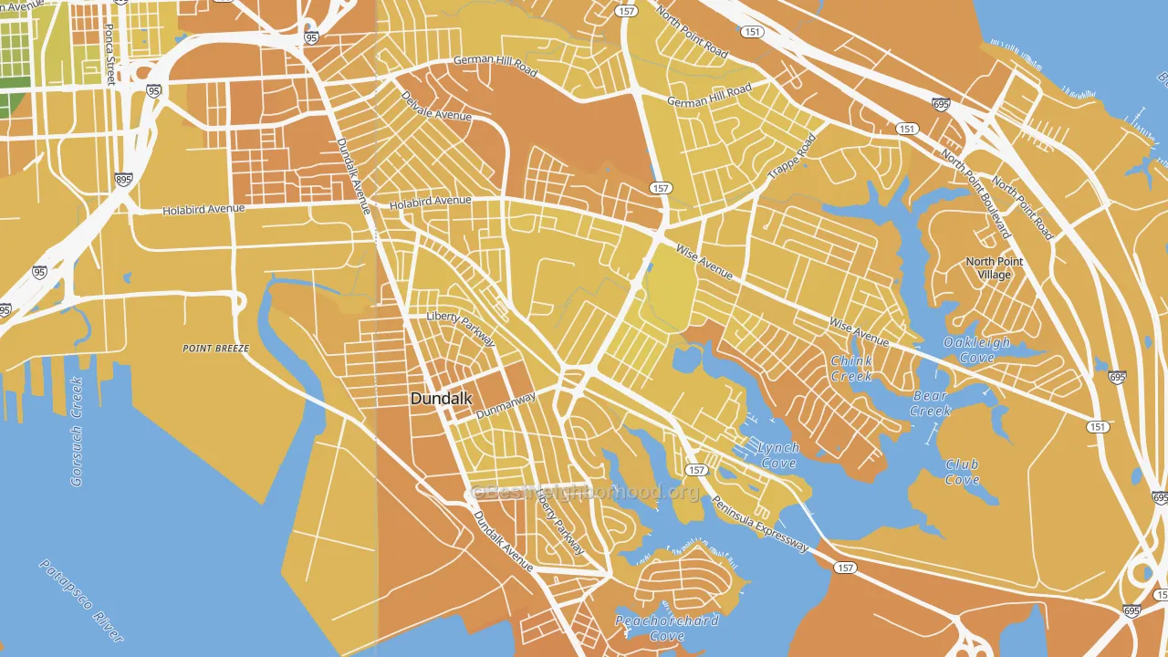 Map of the best neighborhoods in the Eastfield, Dundalk area, with better matches in green and worse matches in red