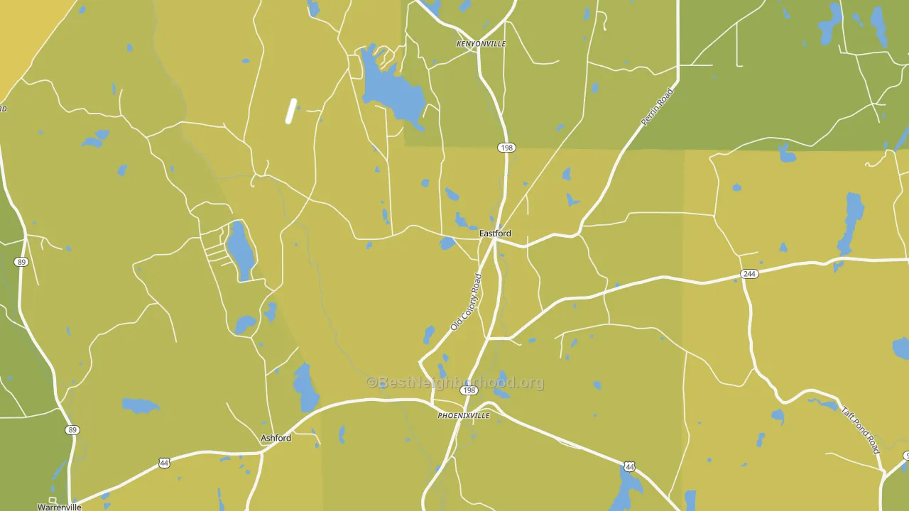 Map of the best neighborhoods in the Eastford area, with better matches in green and worse matches in red