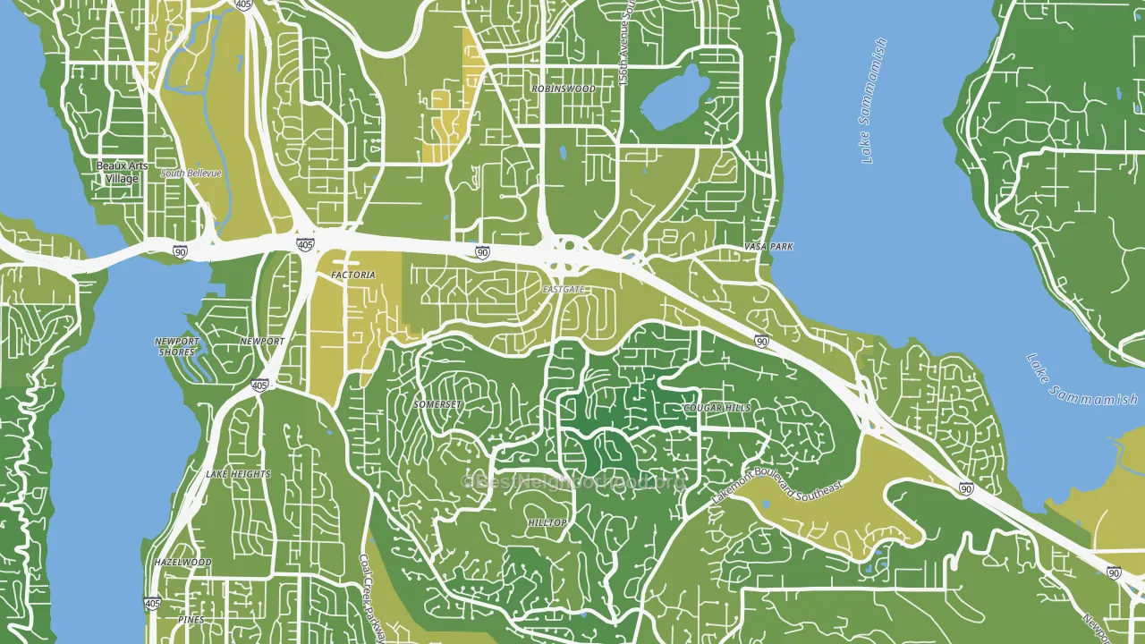 Map of the best neighborhoods in the Eastgate, Bellevue area, with better matches in green and worse matches in red