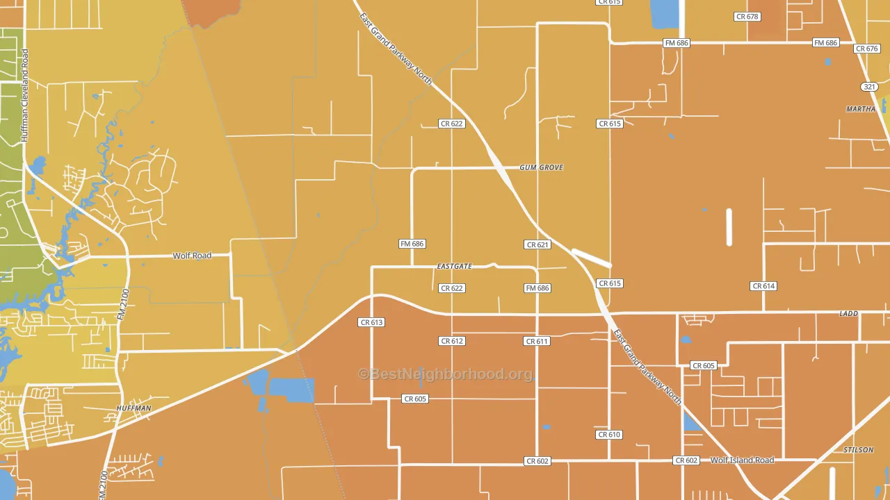 Map of the best neighborhoods in the Eastgate area, with better matches in green and worse matches in red