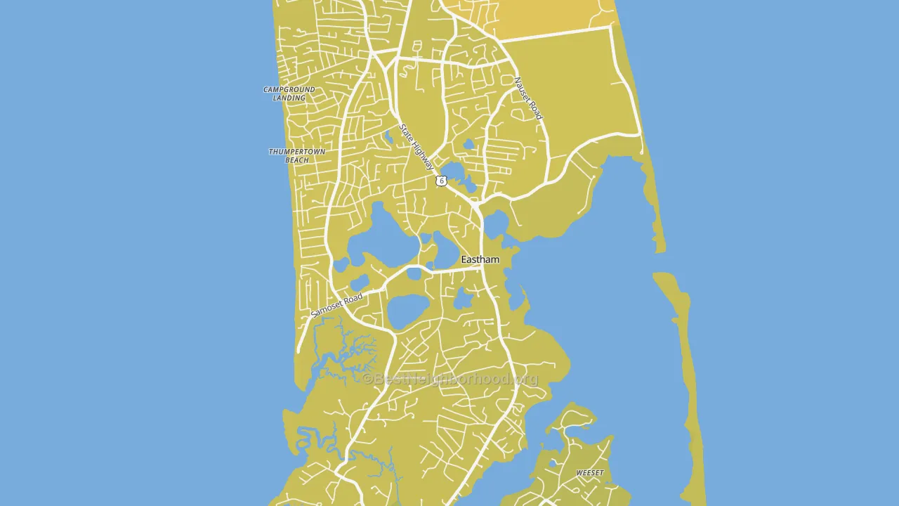 Map of the best neighborhoods in the Eastham area, with better matches in green and worse matches in red