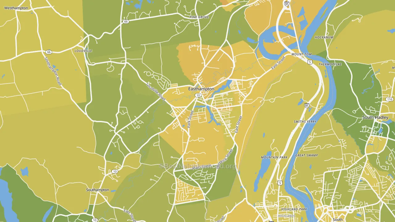 Map of the best neighborhoods in the Easthampton area, with better matches in green and worse matches in red