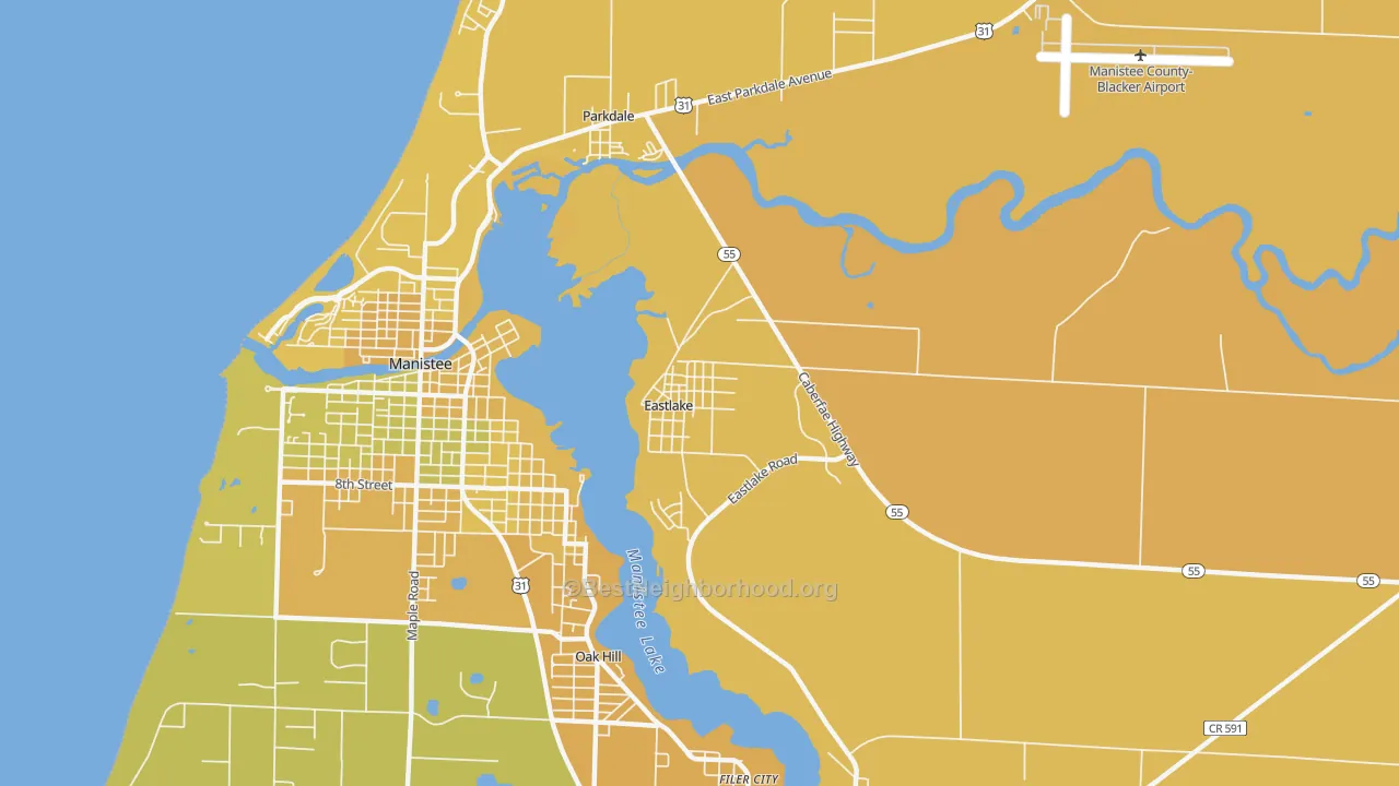 Map of the best neighborhoods in the Eastlake area, with better matches in green and worse matches in red