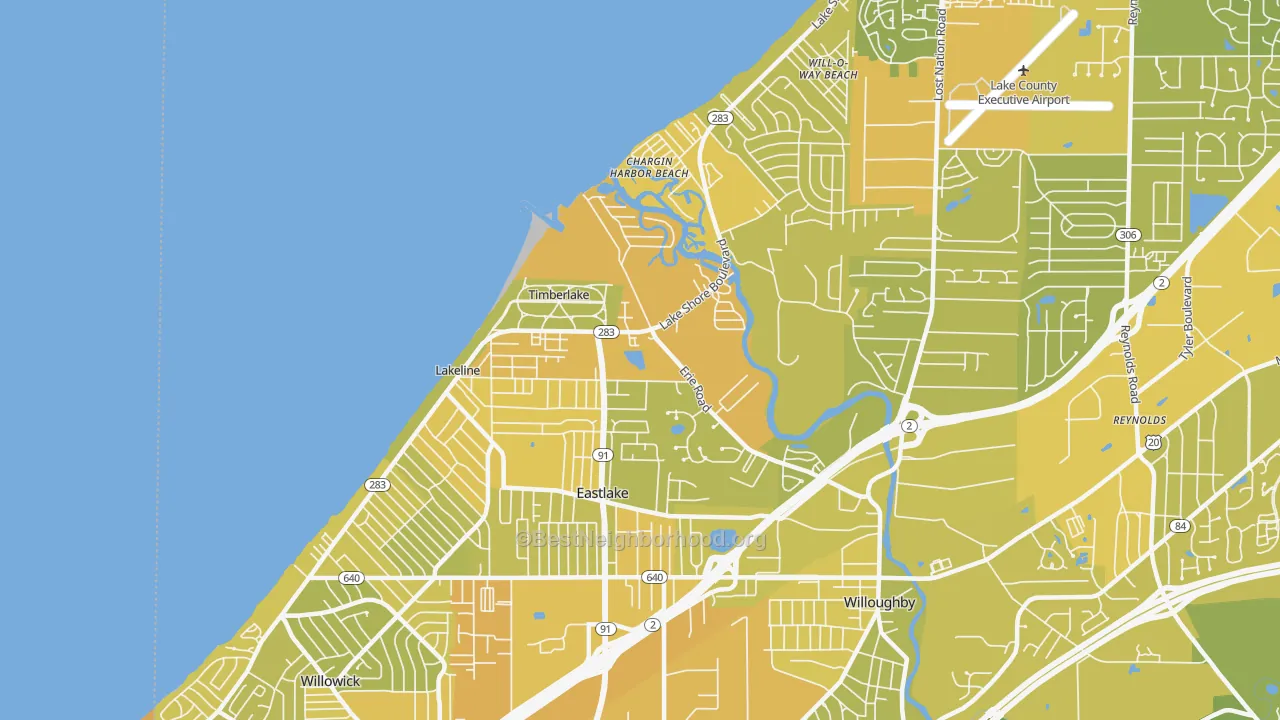 Map of the best neighborhoods in the Eastlake area, with better matches in green and worse matches in red