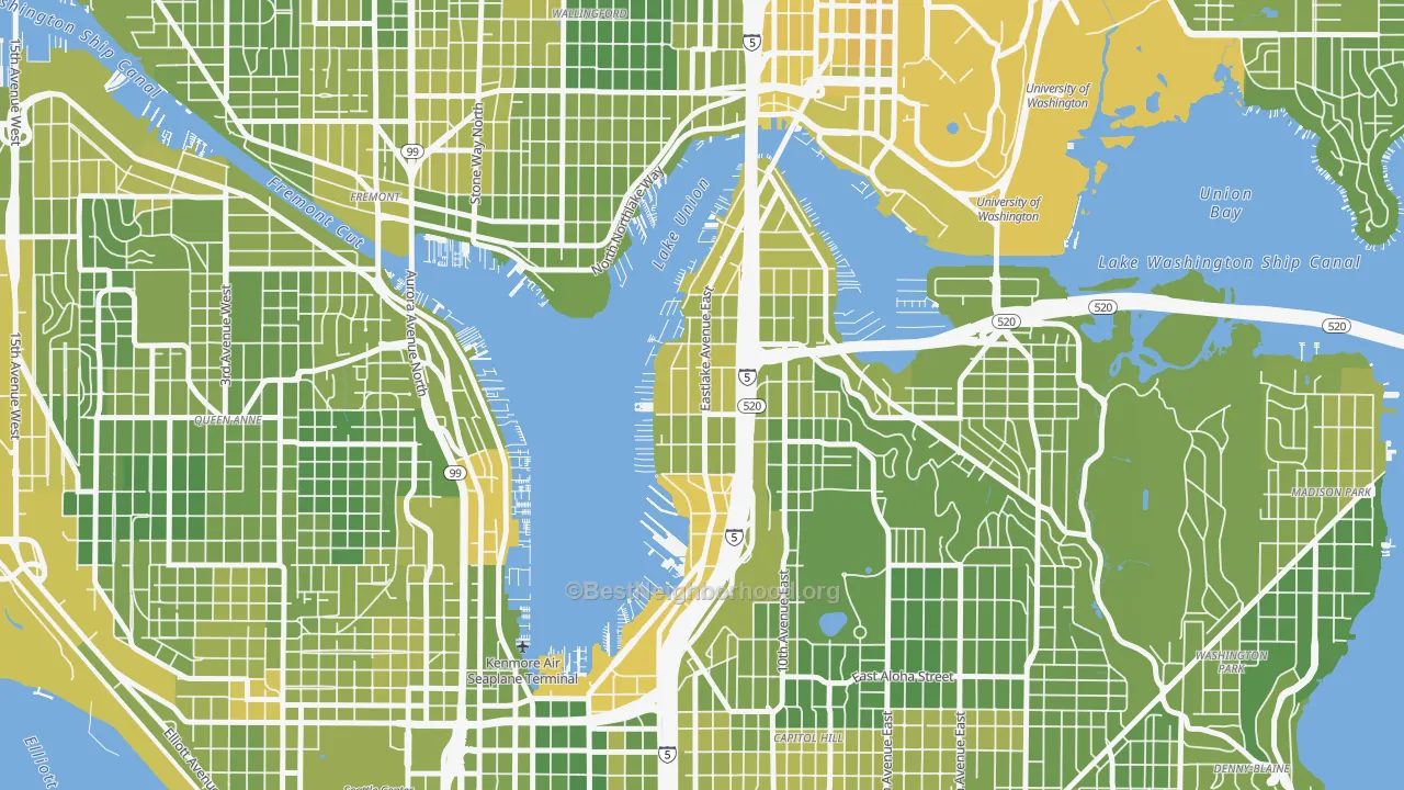 Map of the best neighborhoods in the Eastlake, Seattle area, with better matches in green and worse matches in red