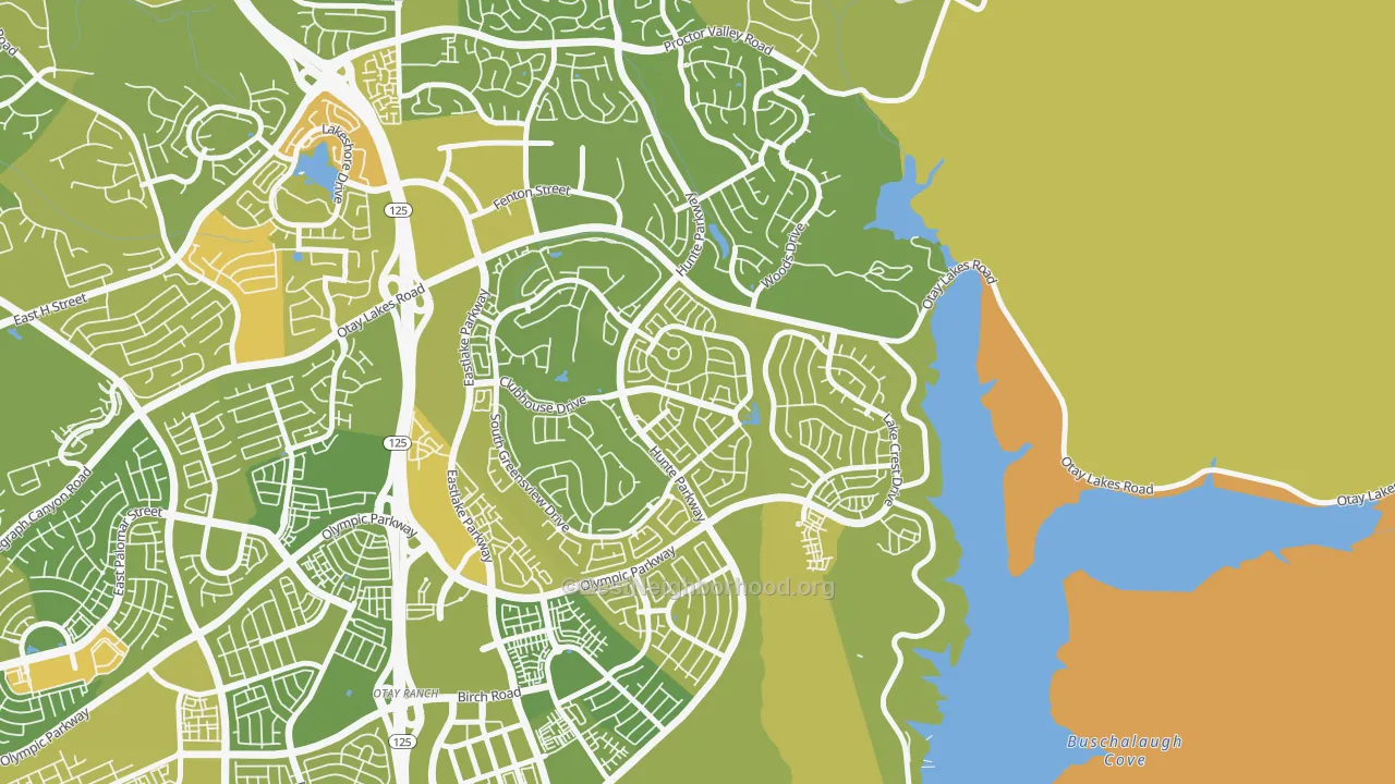 Map of the best neighborhoods in the Eastlake Trails, Chula Vista area, with better matches in green and worse matches in red