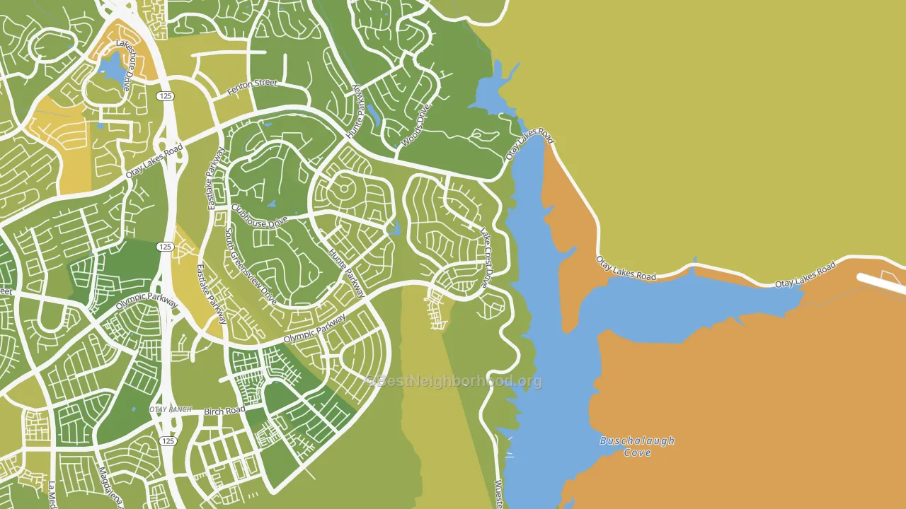 Map of the best neighborhoods in the Eastlake Vistas, Chula Vista area, with better matches in green and worse matches in red