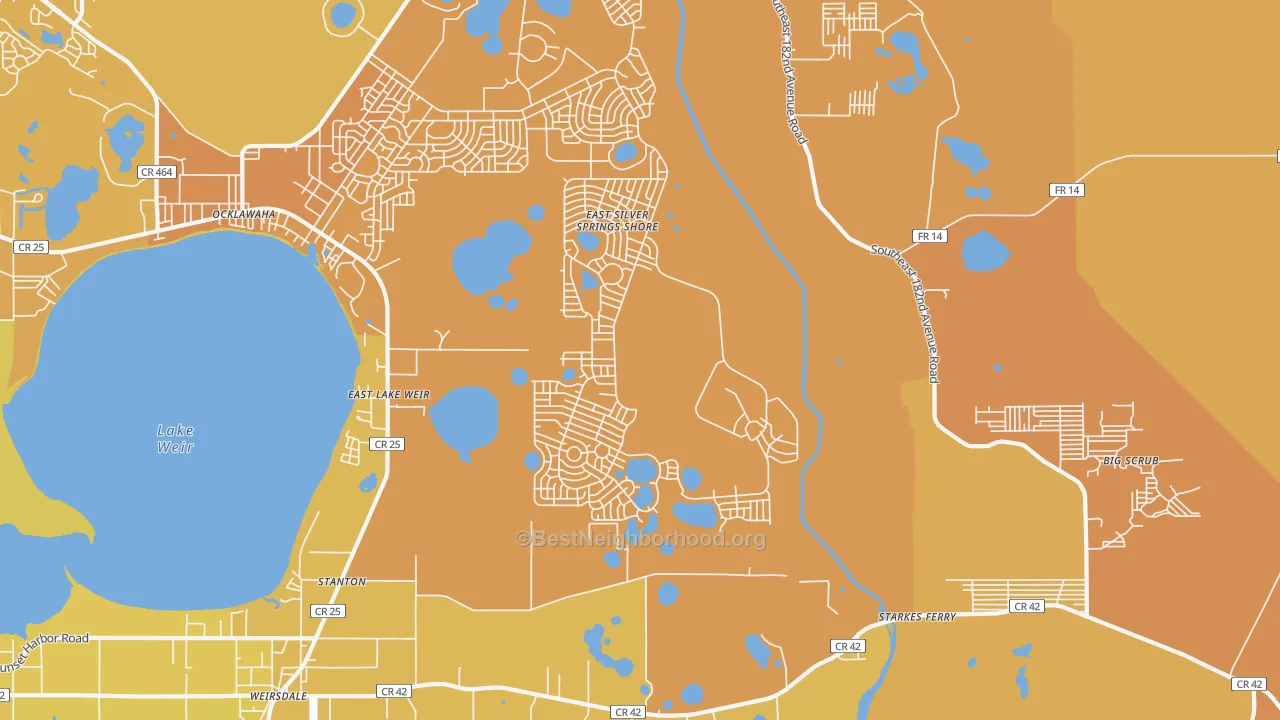 Map of the best neighborhoods in the Eastlake Weir area, with better matches in green and worse matches in red