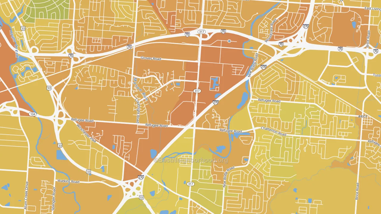 Map of the best neighborhoods in the Eastland, Columbus area, with better matches in green and worse matches in red