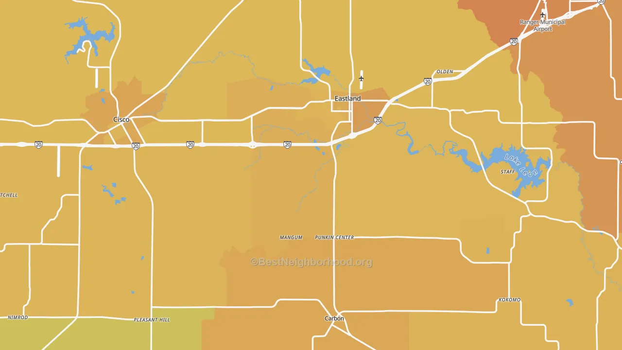 Map of the best neighborhoods in the Eastland County area, with better matches in green and worse matches in red