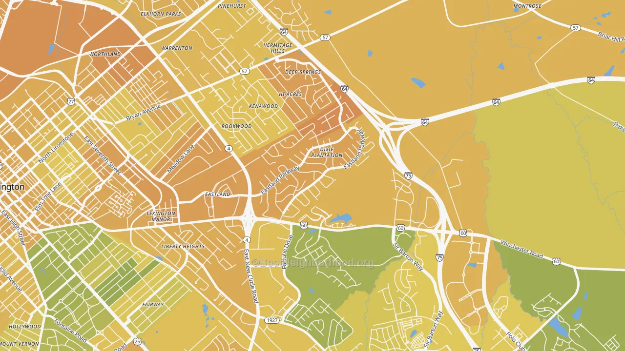 Map of the best neighborhoods in the Eastland Park-Dixie Plantation, Lexington area, with better matches in green and worse matches in red