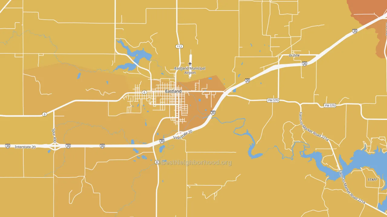 Map of the best neighborhoods in the Eastland area, with better matches in green and worse matches in red