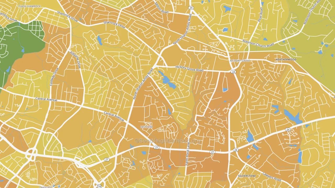 Map of the best neighborhoods in the Eastland-Wilora Lake, Charlotte area, with better matches in green and worse matches in red