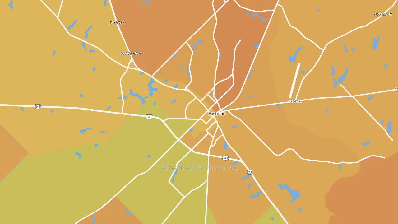 Map of the best neighborhoods in the Eastman area, with better matches in green and worse matches in red