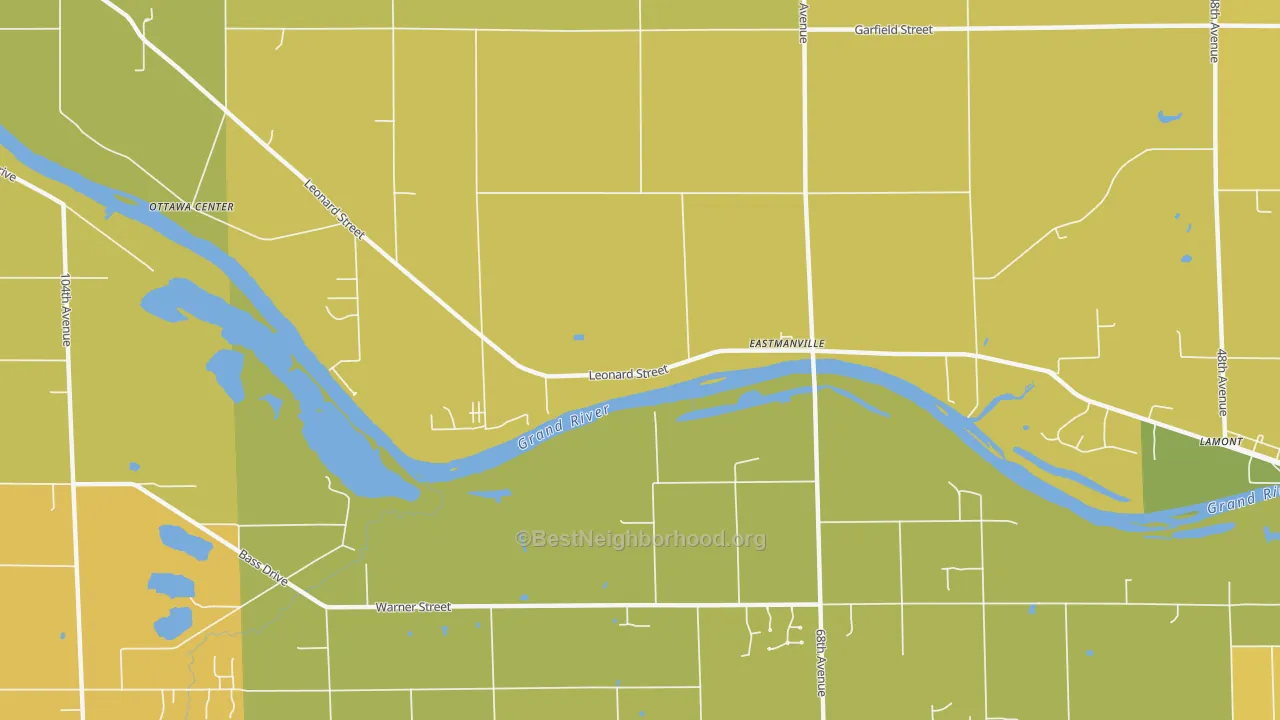 Map of the best neighborhoods in the Eastmanville area, with better matches in green and worse matches in red