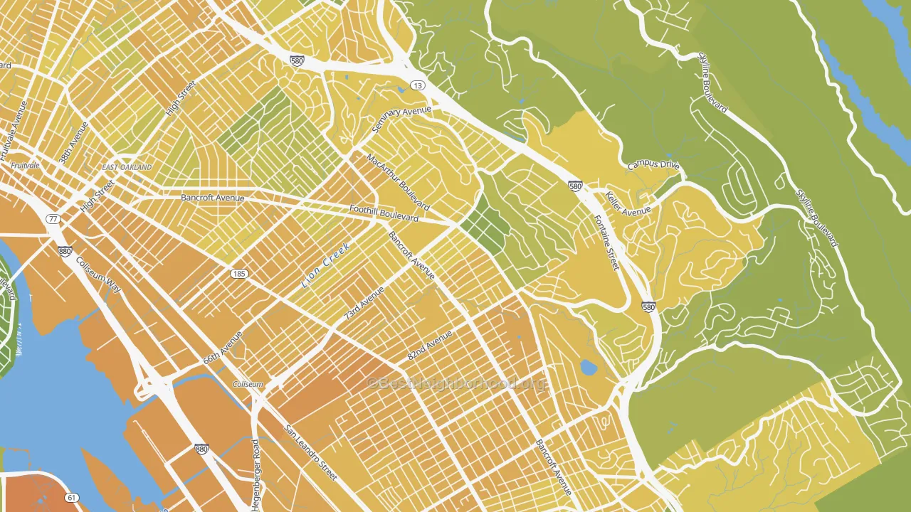 Map of the best neighborhoods in the Eastmont, Oakland area, with better matches in green and worse matches in red