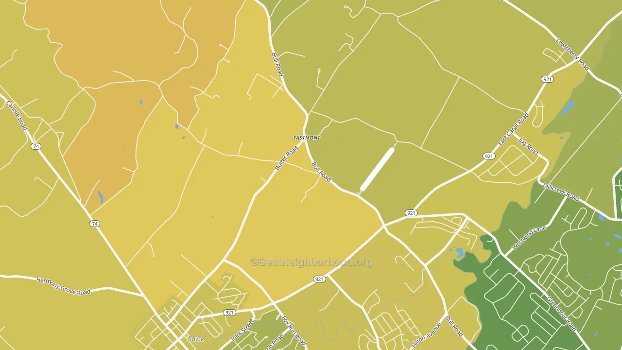 Map of the best neighborhoods in the Eastmont area, with better matches in green and worse matches in red