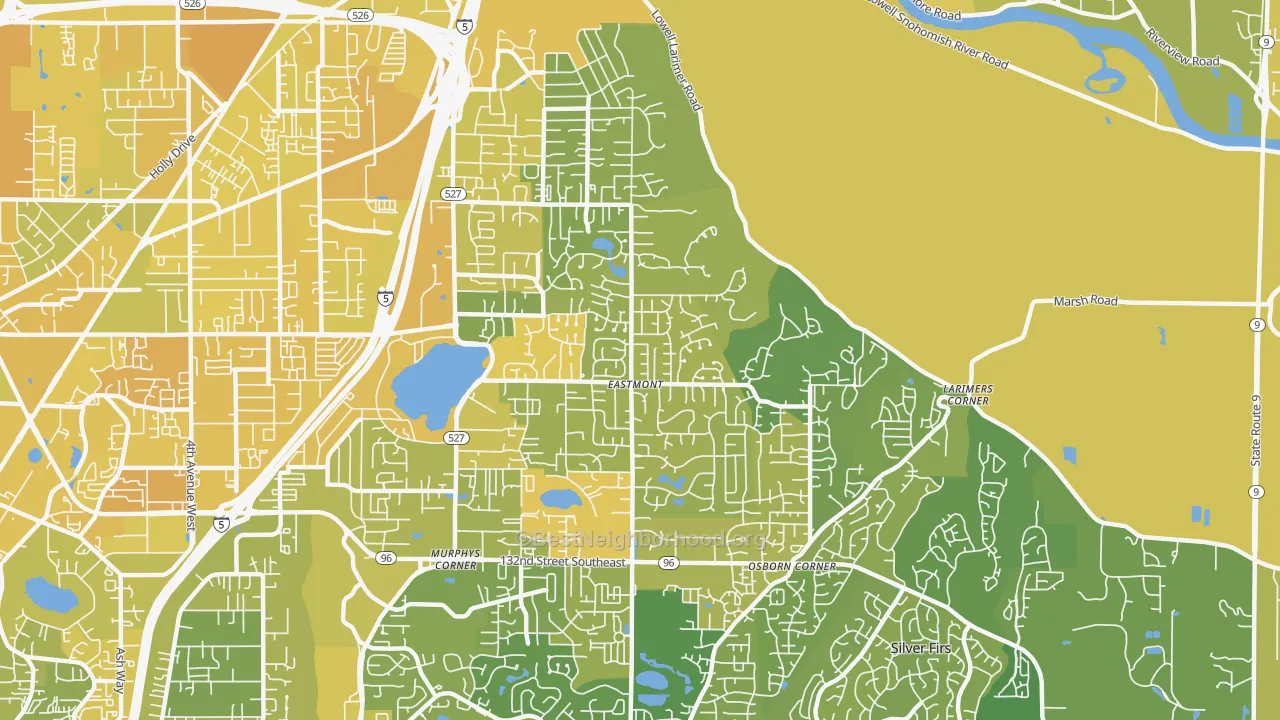 Map of the best neighborhoods in the Eastmont area, with better matches in green and worse matches in red
