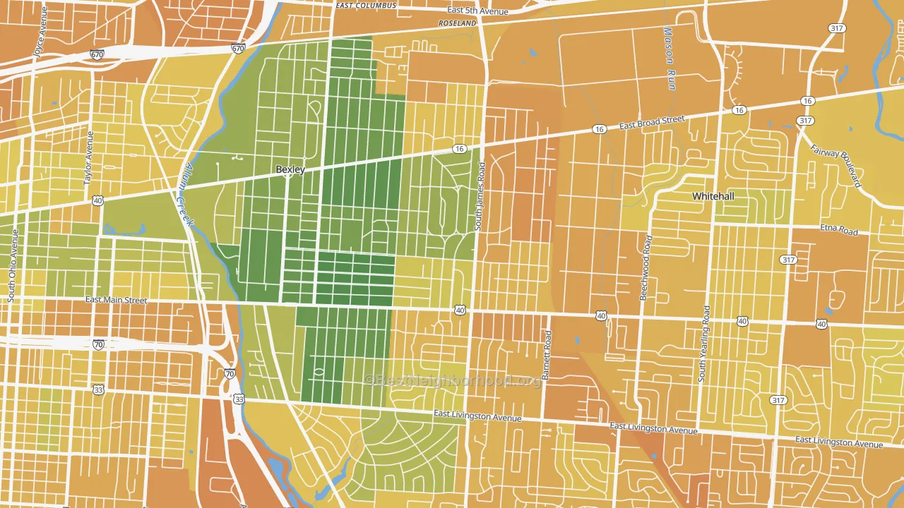 Map of the best neighborhoods in the Eastmoor, Columbus area, with better matches in green and worse matches in red