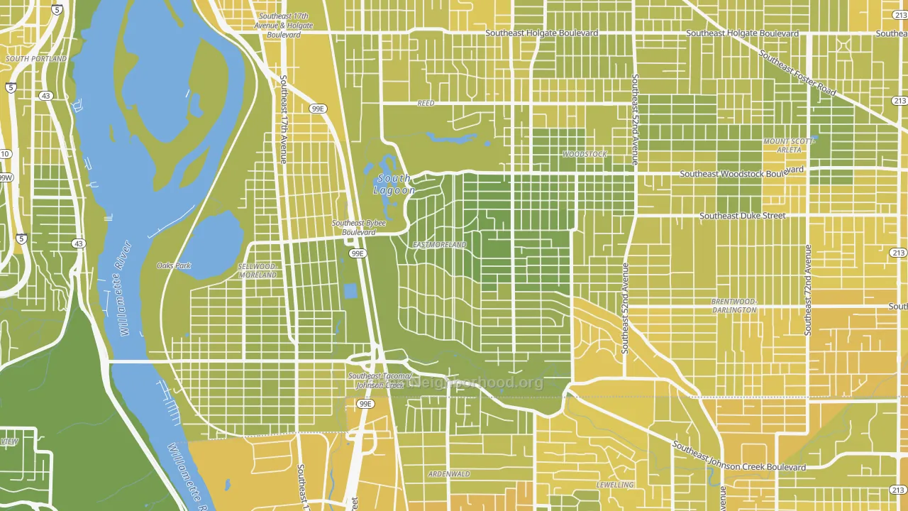 Map of the best neighborhoods in the Eastmoreland, Portland area, with better matches in green and worse matches in red